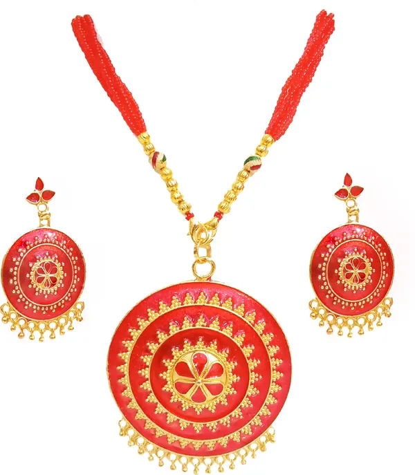 Assamese_Traditional_Gold_Plated_Red_Colour_Japi_Tassel_Jewellery_Set_For_Women